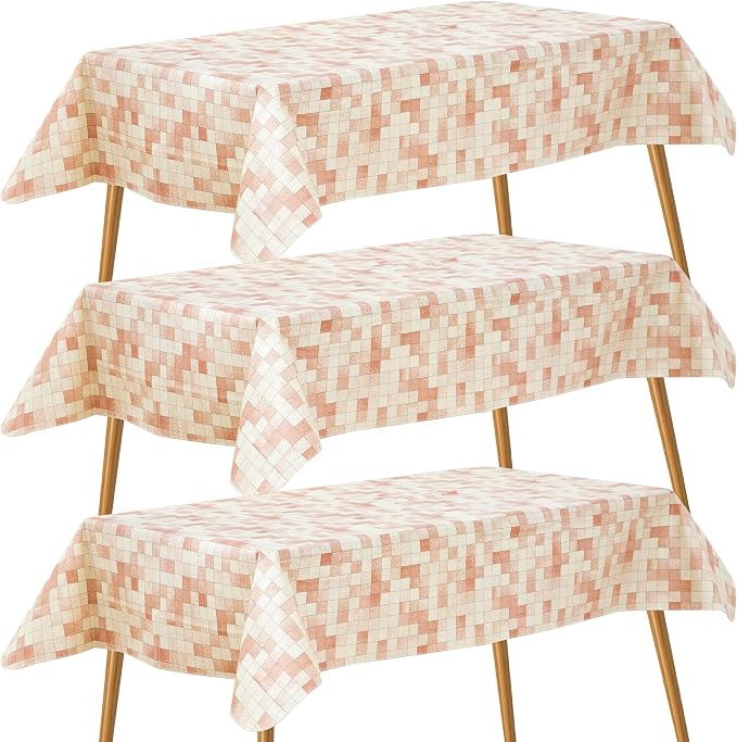 FIFTY FEET 84X60 Inch Rectangle Tablecloth, Vinyl Tablecloth with Flannel Backing Waterproof Table Cloth, Spill Proof Picnic Table Cover for Outdoor/Indoor/Camping/Dining(Beige Plaid) - 3 Packs by FIFTYFEET