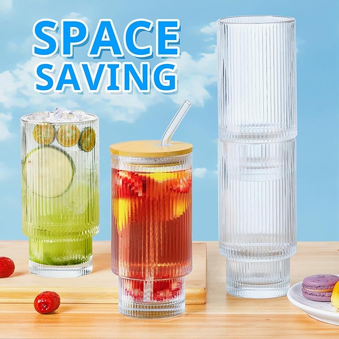 Glass Cups with Lids and Straws - 16 oz Iced Coffee Cups, Vintage Ribbed Drinking Glasses with Bamboo Lids, Glass To-Go Cup, Party, Tumbler for Juice, Beer, Coffee, Milk, Cocktail, Water (4 Pack)