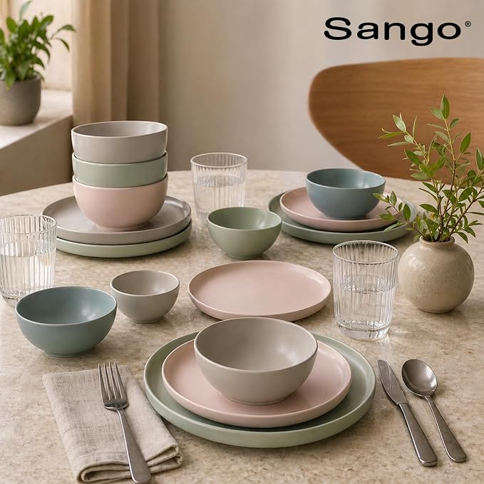 Sango 16-Piece Stoneware Dinnerware Set for 4, Satin Glazed Plates and Bowls Sets with Matte Finish, Ceramic Dish Set, Durable Kitchen Dishes, Microwave & Dishwasher Safe Dining, Rollo Artist's Blend - Image 9