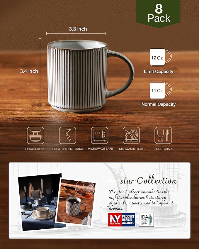 famiware Coffee Mug Set for 8, Star 12 oz Catering Mugs Cup Set with Handle for Coffee, Tea, Cocoa, Milk - Ceramic Stoneware Drinkware Set, Smoky Blue - Image 3