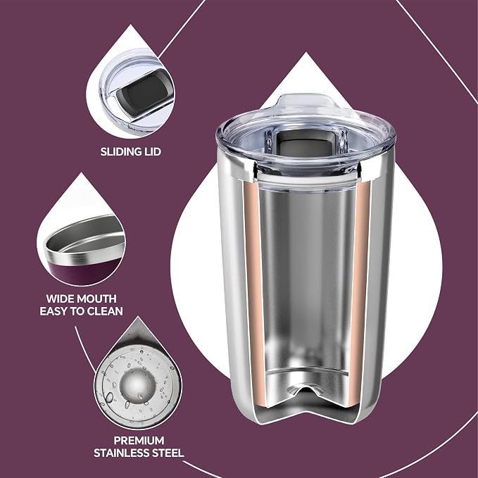 Ideus 20 oz Tumbler, Travel Coffee Mug with Splash Proof Sliding Lid, Double Wall Stainless Steel Vacuum Insulated Coffee Mug for Home and Office, Keep Beverages Hot or Cold, Red Violet - Image 3