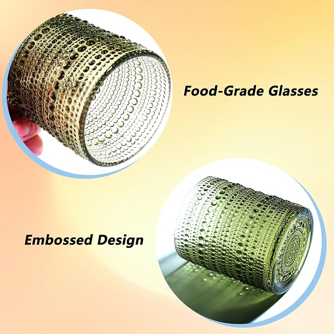 Set of 4 Hobnail Drinking Glasses, 12oz, Vintage Jupiter Drinking Glasses,Embossed Old Fsahioned Glassware for Beer,Water,Juice,Cocktail,Whiskey,Gift (Green, Small) - Image 4