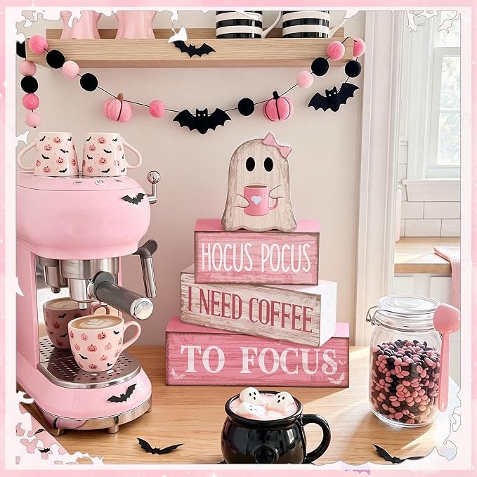 Moucuny 4 Pcs Pink Halloween Table Decorations Coffee Ghost Wooden Stacked Block Decor, "Hocus Pocus I Need Coffee to Focus" Signs, Cute Rustic Halloween Tiered Tray Decor for Home Kitchen Office Bar - Image 7