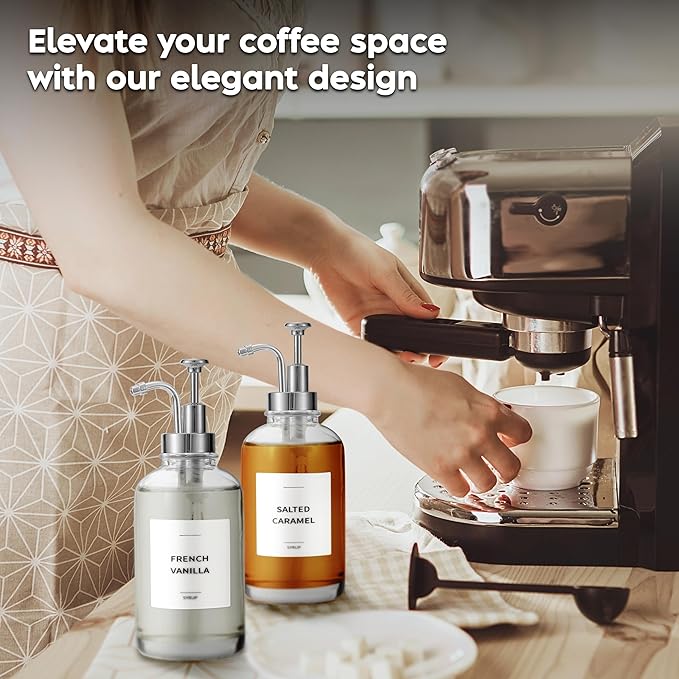 Coffee Syrup Dispenser with Pump - Includes 24 Flavor Labels - Glass Syrup Dispenser for Coffee Bar - Elevate your Beverage Station with 16.9 fl oz Flavoring Container Bottles, 2pcs, Silver