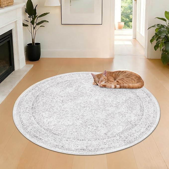 Round Rugs 4ft Vintage Floral Small Circle Rug, Washable Non Slip Soft Low Pile Stain Resistant Carpet for Living Room Bedroom Entryway Dining Room (FloralGrey, 4' Round) - Image 4