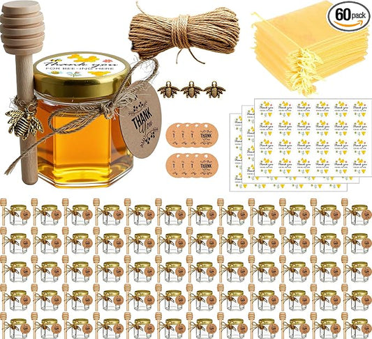 Adabocute 60 Pack Mini Honey Jars with Dipper - Honey Pot with Gold Lid, Bee Pendants, Jutes, Gift Bags and Stickers - For Baby Shower Wedding Favors by Adabocute