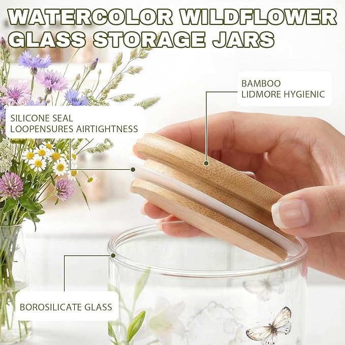 Spring Floral Glass Storage Jars with Lids, Candy Cookie Jars, 3Pcs | Wildflower Spring Canister Set for Kitchen Counter Butterfly Airtight Candy Cookie Containers for Girls - Image 4