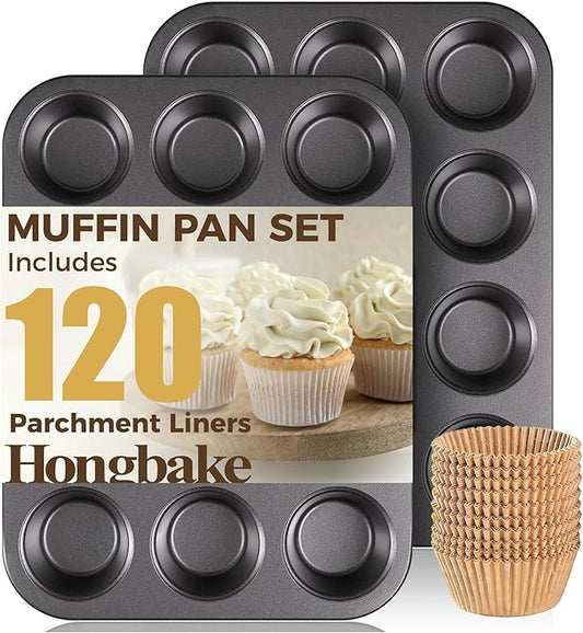 Muffin Pans with 120 Natural Parchment Liners, Nonstick Cupcake Baking Tray for Oven, Premium Standard Size, 12 Cup, 2 Pack, Dark Grey by HONGBAKE