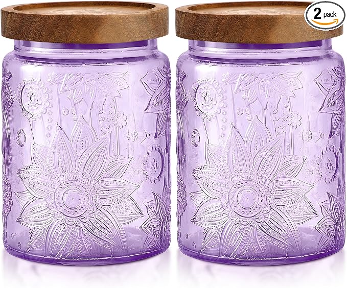 LemonRoad 2 Pcs Vintage Purple Glass Storage Jars 23.7 oz Mason Jar Canister with Wood Lids Food Storage Container for Cookie, Pantry, Candy Kitchen, Coffee, Tea, Flour, Sugar, Decorative Home Decor by Unknown