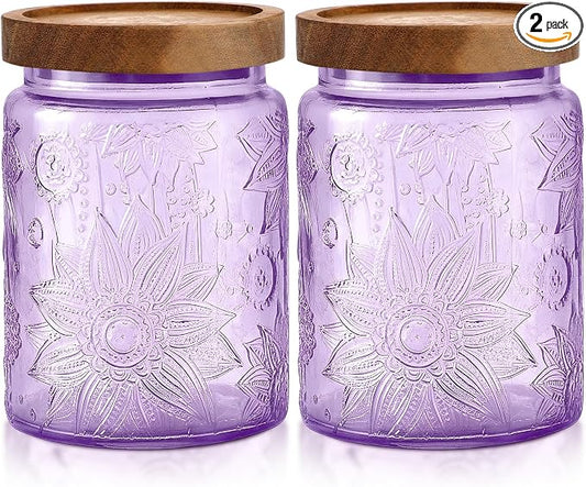LemonRoad 2 Pcs Vintage Purple Glass Storage Jars 23.7 oz Mason Jar Canister with Wood Lids Food Storage Container for Cookie, Pantry, Candy Kitchen, Coffee, Tea, Flour, Sugar, Decorative Home Decor by Unknown