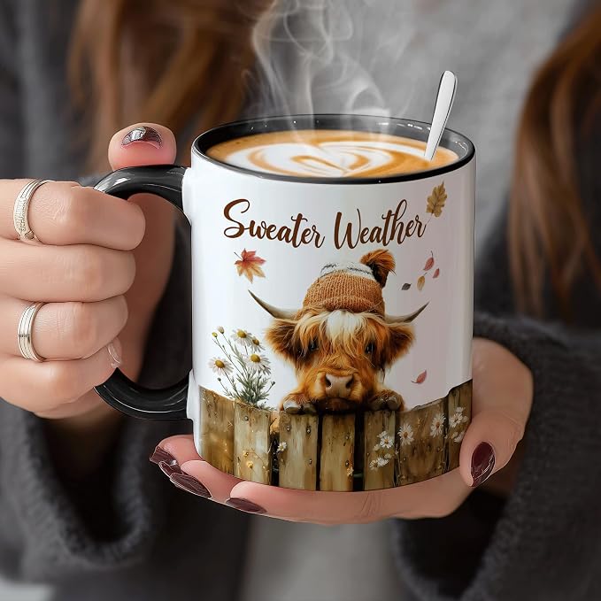 Hyturtle Fall Highland Cow Mug with Spoon Gifts for Cow Lovers on Birthday | Autumn Decor Gifts For Farmhouse Thanksgiving, Premium 11oz ceramic mug, Vivid double-sided cow print, Comfort grip handle - Image 7