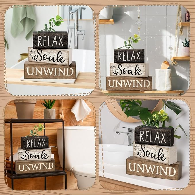 Moucuny 4 Pcs Bathroom Shelf Decor Sign Farmhouse Bathroom Decor and Accessories Rustic Eucalyptus Leaves Wood Block Sign Gift Relax Soak Unwind Farmhouse Table Centerpiece for Home Toilet - Image 6