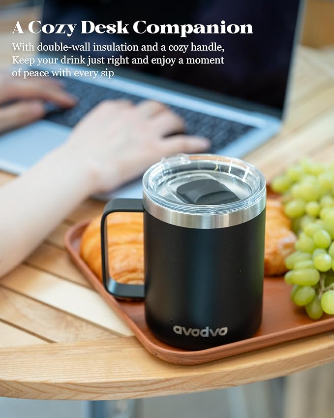 12oz Insulated Coffee Mug with Lid – Includes Two Lids, Stainless Steel Coffee Travel Mug with Handle, Double Wall Vacuum Insulated Camping Mug for Home, Office & Outdoor, Black - Image 5