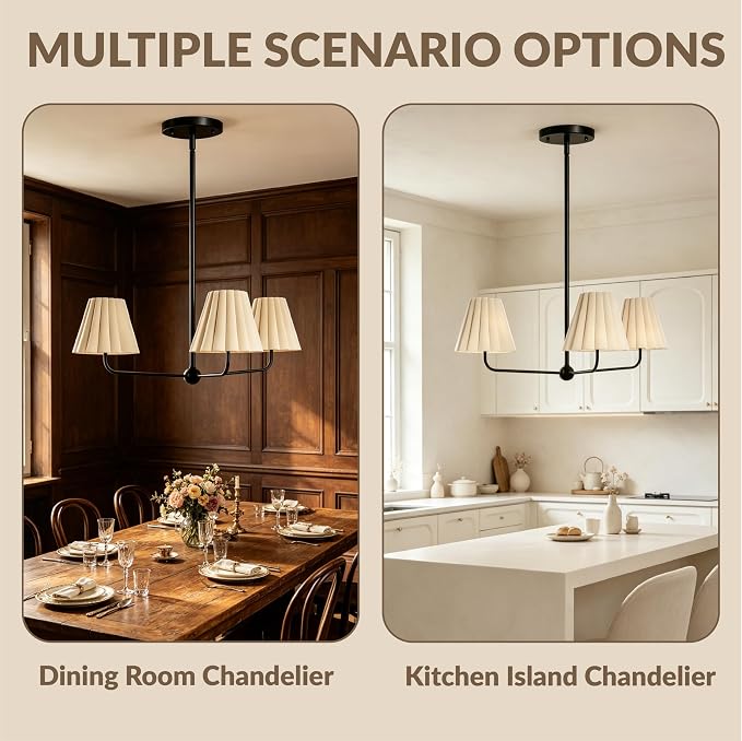 Mid-Century Modern Chandelier - 3-Light Kitchen Island & Dining Room Pendant with Matte Black Frame, Natural Conical Ivory Pleated Linen Shades, 120° Equal Arms - Image 3