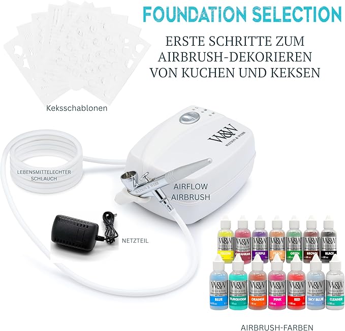 Watson & Webb Essentials Selection - Cake Airbrush Decorating Kit - Inc Professional 3 Speed Mains Powered Spray Gun, 13 Vibrant Colors & Tools - for Food, Cakes, Cookies & Baking