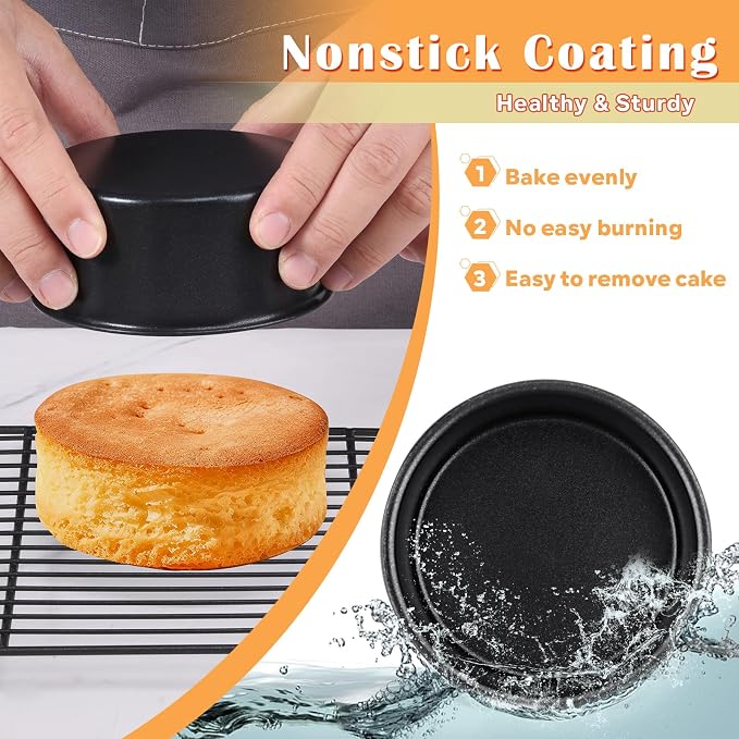 E-far 4 Inch Cake Pan Set of 3, Nonstick Stainless Steel Mini Round Cake Pans Tin, Small Size for Baking Smash Cakes/Cheesecake, Stainless Steel Core & Non-toxic Coating, Straight Side & 2 Inch Deep - Image 3