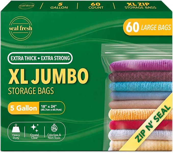Seal Fresh 5 Gallon Large Plastic Storage Bags – 18" x 24" (60 Count) – Reusable XXL Extra Large Clear Jumbo Zip Bags with Sealable Zipper Top For Clothes, Travel, Moving by SealFresh