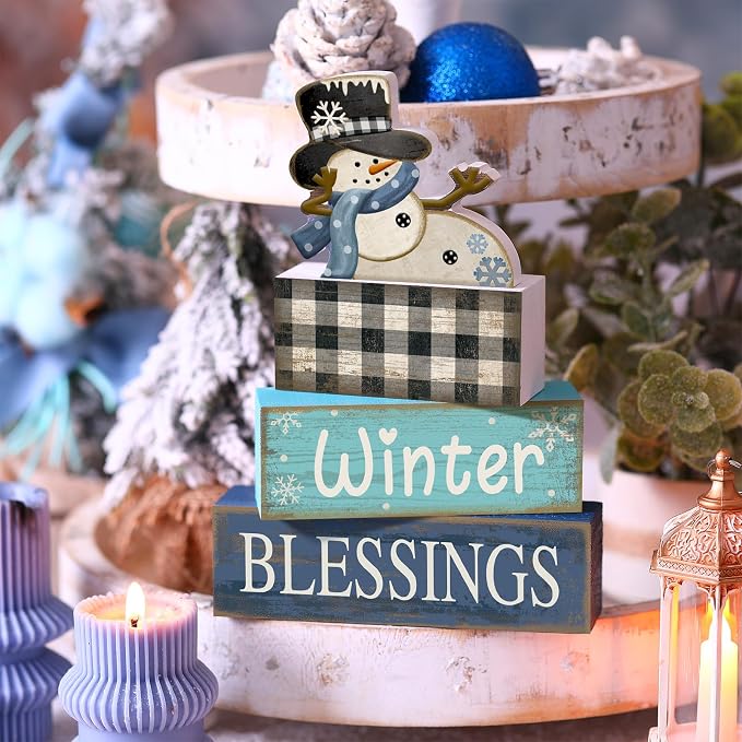 Moucuny 4 Pcs Winter Table Decorations Playful Snowman Decor Indoor Winter Tiered Tray Decor Rustic Wooden Decorative Snowman Block Sign Gift Snowflake Centerpiece Farmhouse for Home Kitchen - Image 3