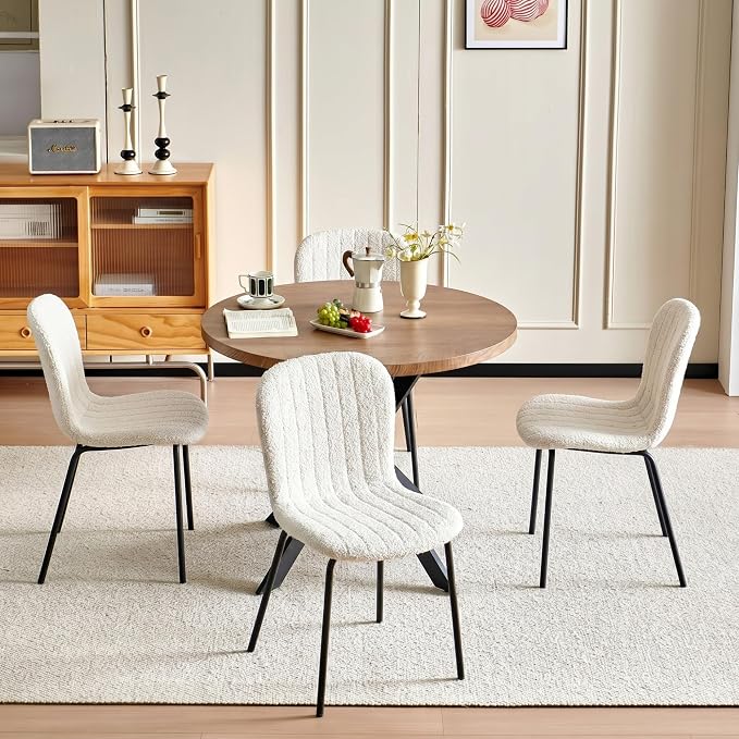 37 Inch Round Dining Table Set for 4, Modern Small Circle Kitchen Coffee Set for Apartment Living Room Office, Save Space(1 Imitation Wooden Table + 4 White Boucle Chairs) - Image 7