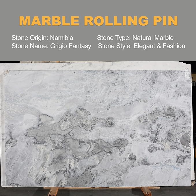 African Natural Marble Rolling Pin, Non-Stick Polished Dough Roller, Pasta, Dumpling, Fondant, Pie Crust, Bread, Pizza Dough, Kitchen Baking Pastry Tools with Mat/Scraper(Grigio Fantasy) - Image 2