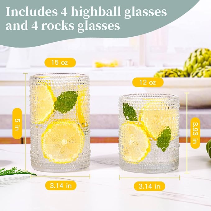 Amber Hobnail Drinking Glasses Set of 8, 15 oz Vintage Highball Glassess & 12 oz Cocktail Glasses, Drinkware Kitchen Glasses for Cocktail, Iced Coffee, Beer, Ice Tea, Wine, Whiskey, Water - Image 3