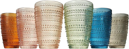 Khen Beaded Highball Tumbler Drinking Glasses Set | Set of 6 | Vintage Hobnail Bubble Design Whiskey Glassware, Old-Fashioned, Art Deco Glass for Water, Wine, Cocktail Dishwasher Safe (14.6 OZ) by Khen