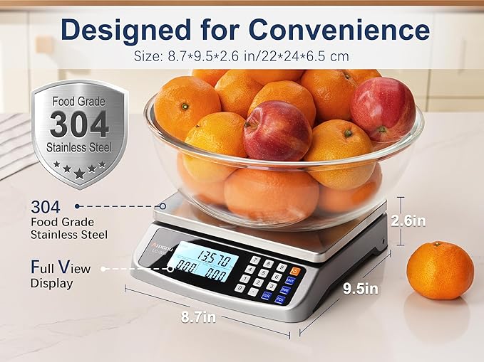Atogou 66lb Food Scale, Commercial Kitchen Scale with Price Computing, Plug-in Usable, 0.05oz/1g, 304 Stainless Steel, for Cooking, Vegetables, Farm, Industry, Counting. LC300 Grey