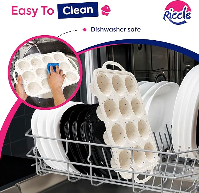 RICCLE 2 Pack Silicone Muffin Pan with Metal Reinforced Frame, 12-Cup Cupcake Pan, Silicone Muffin Tray Cupcake Baking Pan Molds, Molds for baking, Oven & Dishwasher Safe, BPA-Free