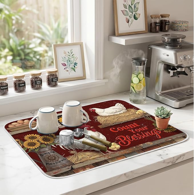 Rustic Hens Dish Drying Mat for Kitchen Counter Coffee Bar 18x24 in | Farmhouse Themed Non Slip Absorbent Kitchen Dishes Drainer Mat, with Anti-slip Rubber Backing & Hanging Loop, for Sink - Image 5