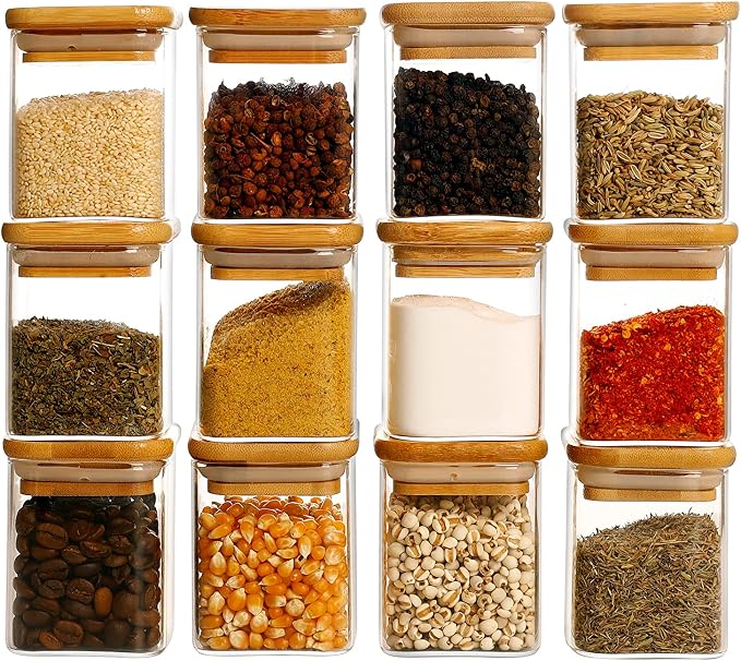 HHMJSM 12 Pcs Square Glass Spice Jars with Natural Bamboo Lids - 5oz Airtight Herb Containers with 148 Waterproof Minimalist Spice Labels Preprinted - Empty Small Seasoning Jars for Kitchen Pantry by HHMJSM