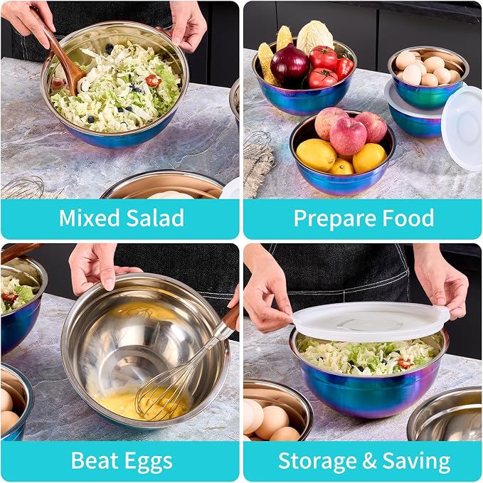 4 Piece Rainbow Mixing Bowls with Lids for Kitchen, Stainless Steel Mixing Bowls Set Ideal for Baking, Prepping, Cooking and Serving Food, Nesting Metal Mixing Bowls for Space Saving Storage - Image 5
