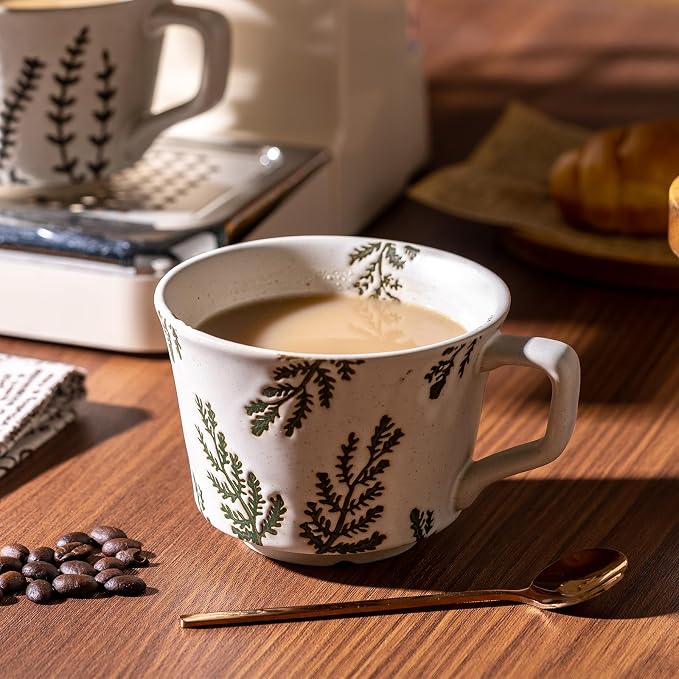 Mug Set of 2 Coffee Mugs Set 11 Ounce, Porcelain Cups for Latte, Hot Tea, Cappuccino, Cocoa, Soup, Dishwasher, Microwave Safe, Christmas Gift Set (Bean leaf & Vines) - Image 6