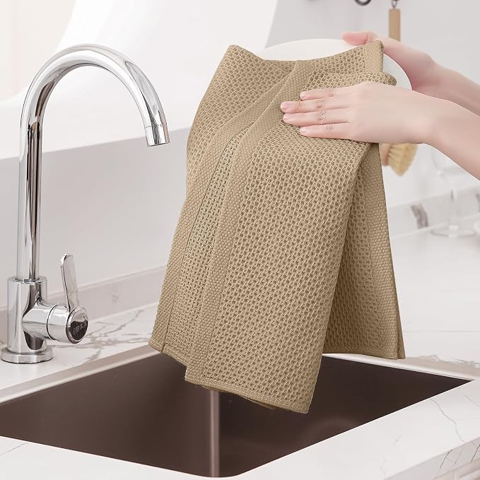 Homaxy 100% Cotton Oversized Waffle Weave Kitchen Towels 8-Pack, Tan | 20 x 28 Inches, Ultra Soft Absorbent Dish Towels, Quick Drying Large Cleaning Towels - Image 4