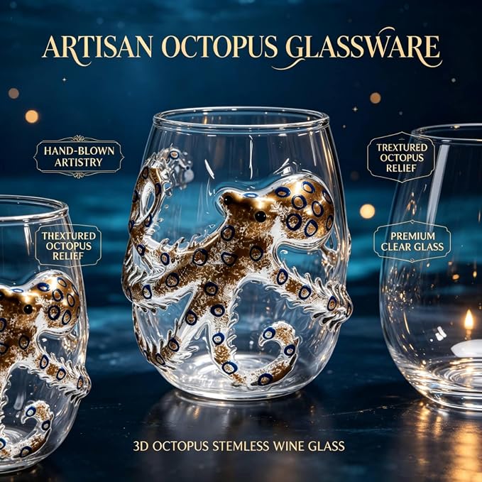 Artisanal Blue Ringed Octopus Glassware, 3D Octopus Stemless Wine Glasses | Handcrafted Marine Animal Bar Glass Collection, 12oz Octopus Drinking Cup for Cocktail, Ocean-Themed Coastal Home Decor Gift - Image 4
