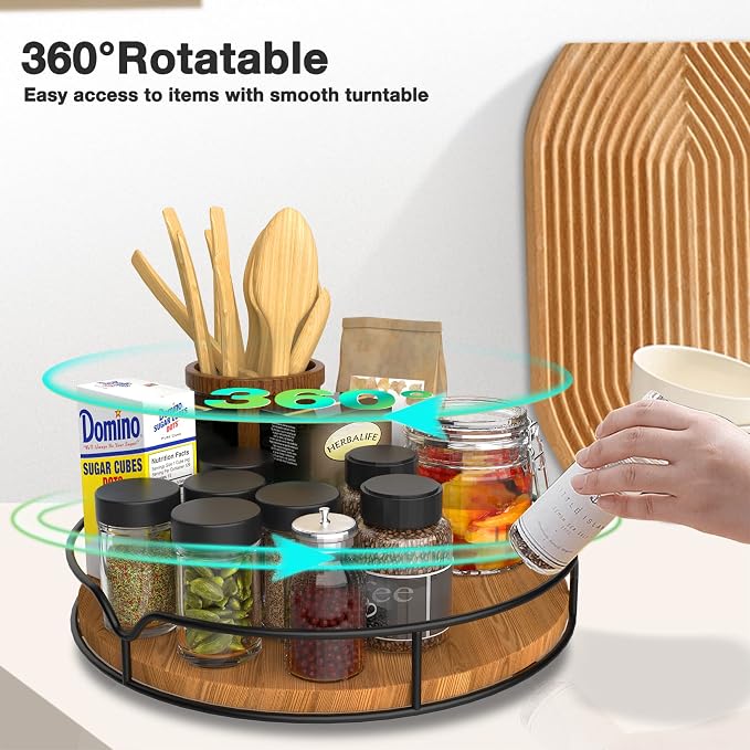 Lazy Susan Turntable Organizer with Anti-Slip Mat for Cabinet Pantry Kitchen Countertop Refrigerator Office, Pine Wood, 10", Carbonized Black - Image 6