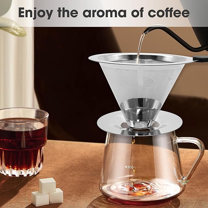 Stainless Steel Pour Over Coffee Dripper - Reusable & Eco-Friendly Filter, Enhanced Flavor Extraction, Universal Compatibility for All Coffee Grinds"