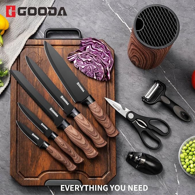 Knife Set,GOODA 9 Piece Kitchen Knife Set with Block and Sharpener, Anti-Rust Stainless Steel Cooking Knives Set for Kitchen, Chef Knife Block Set - Image 2