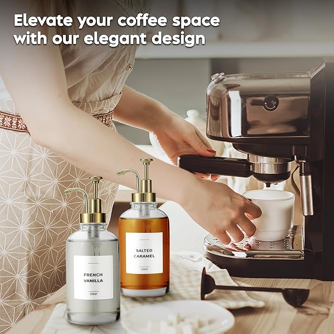 Coffee Syrup Dispenser with Pump - Includes 24 Flavor Labels - Glass Syrup Dispenser for Coffee Bar - Elevate your Beverage Station with 16.9 fl oz Flavoring Container Bottles, 2pcs, Gold