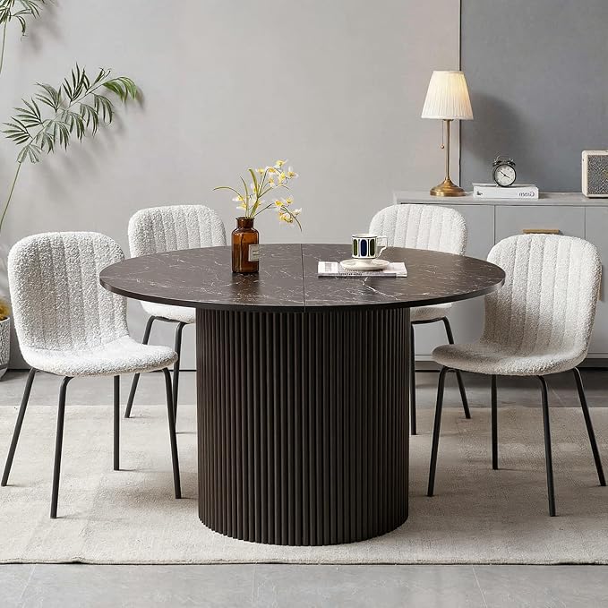 5 Piece Round Dining Table Set for 4, Mid Century Modern Faux Marble Kitchen Table and Chairs, Space-Saving Small Dinette Set (47 Inch Black Table+4 White Chairs) - Image 4