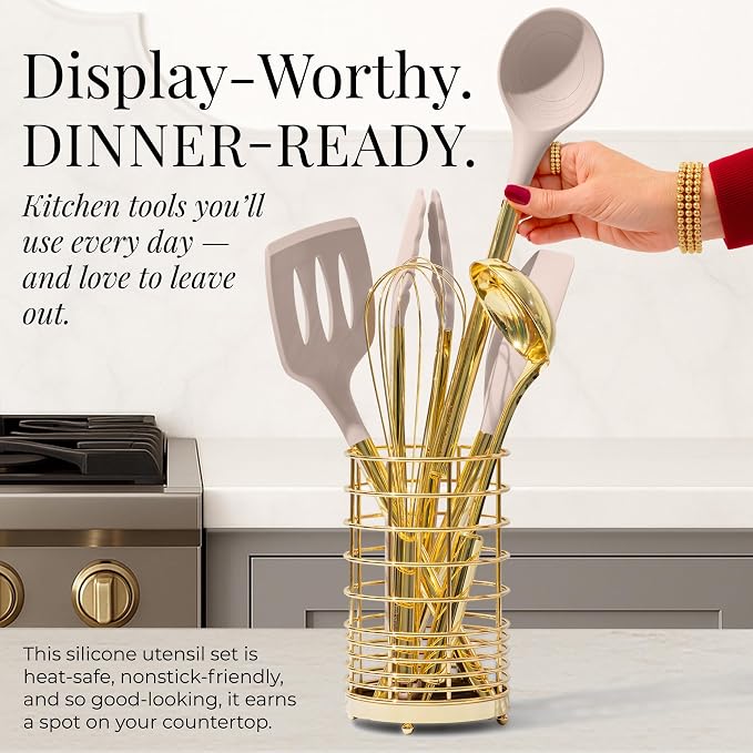 Styled Settings Beige and Gold Utensils Set, 23-Piece | Silicone Nonstick Cooking Tools with Garlic Press, Can Opener, Measuring Cups, Utensil Holder - Luxury Kitchen Accessories - Image 6