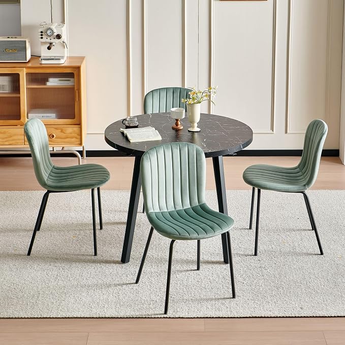 Small Round Dining Table Set for 4 People, 37" Modern Kitchen Table | 5-Piece Set, Faux Black Marble MDF table, 4 Green Velvet Chairs, Easy Assembly, Space-saving, Fits Small Dining Room - Image 6