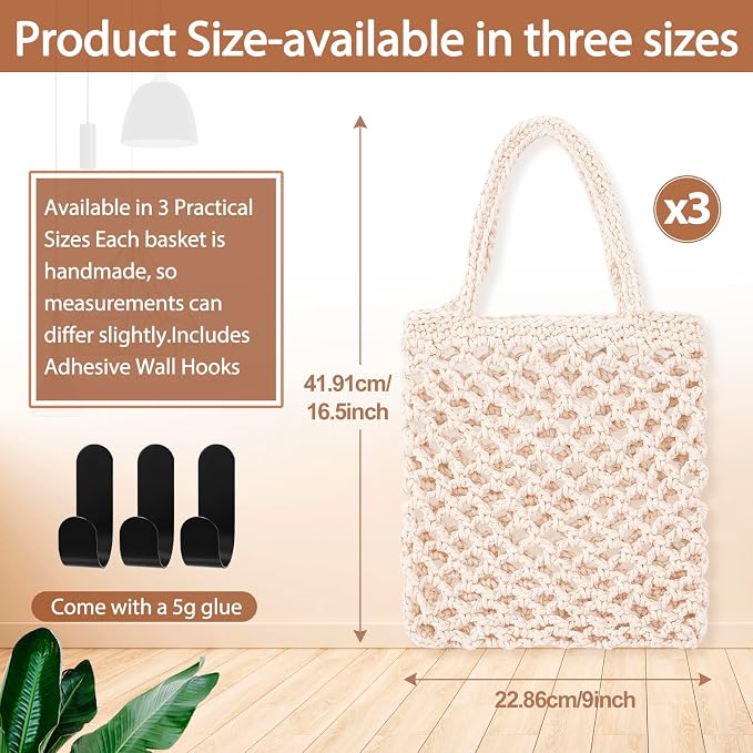 Honeydak Boho Decor Hanging Wall Baskets for Kitchen 3 Pack Teardrop Baskets with Hooks Storage Fruit Onion Vegetable Potato for Home(White,Mesh,Cotton Rope) - Image 7