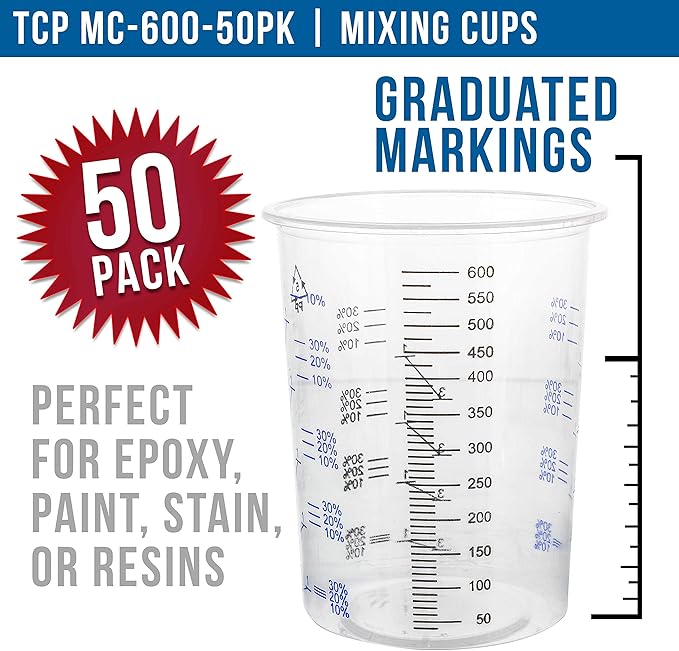 TCP Global 20 Ounce (600ml) Disposable Flexible Clear Graduated Plastic Mixing Cups - Box of 50 Cups - Use for Paint, Resin, Epoxy, Art, Kitchen, Cooking, Baking - Measuring Ratios 2-1, 3-1, 4-1, ML