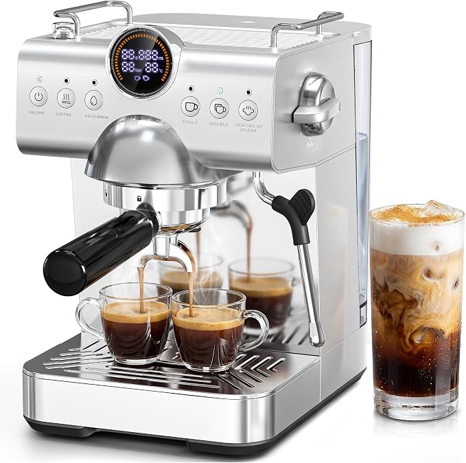 Kismile Espresso Machine with Milk Frother, 20Bar Hot & Cold Brew Semi-Automatic Expresso Coffee Machine with Single & Double Shot, LED Display for Home Barista Latte and Cappuccino by Kismile