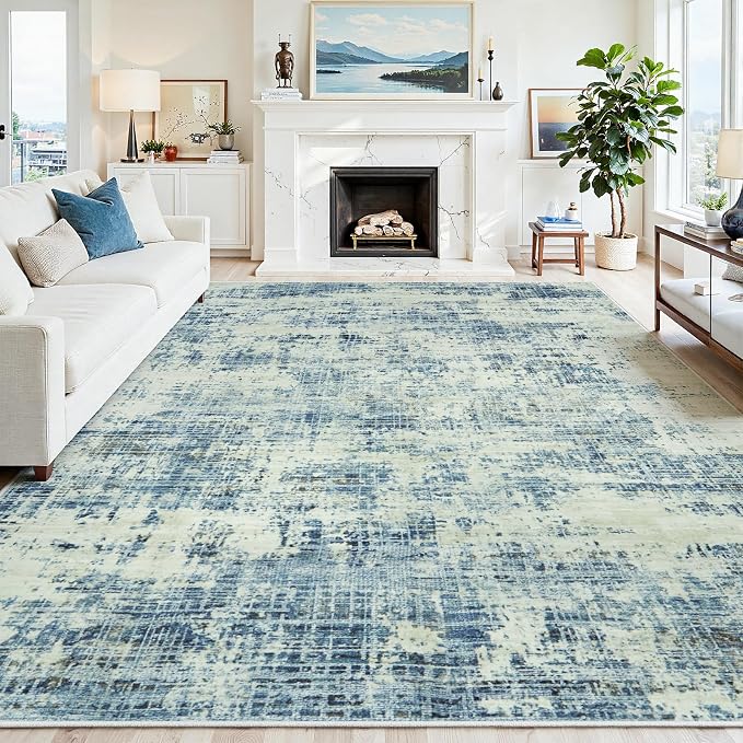 10x14 Washable Area Rug for Living Room Bedroom: Non-Slip Modern Blue Gray | Machine Washable TPR Backing, Stain-Resistant Low Pile, Pet & Kid Friendly, Abstract Decor for Dining Room, Dorm, Home Office by Oriannal