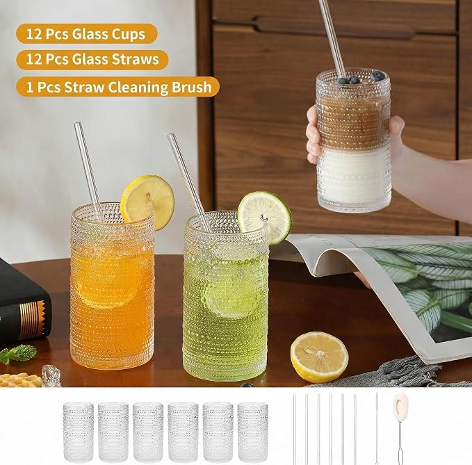 16oz Clear Hobnail Drinking Glasses with Straws Set of 12, Highball Glasses Cups, Kitchen Water Glasses Cup, for Cocktail, Juice, Whiskey, Milk and Various Mixed Drinks - Image 4