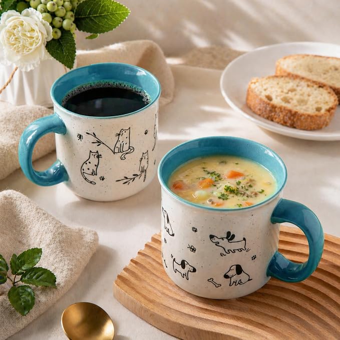 AmorArc 22 OZ Large Ceramic Coffee Mugs Set of 2, Oversized Mugs With Big Handle for Men Women Dad Mom, Big Mug With Textured Dogs Cats Patterns for Office & Home -Microwave Safe, 2 Pcs-Blue - Image 6