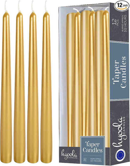 12 Pack Tall Taper Candles - 12 Inch Metallic Gold Dripless, Unscented Dinner Candle - Paraffin Wax with Cotton Wicks - 10 Hour Burn Time by Hyoola
