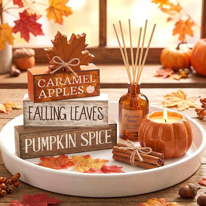 Moucuny 4 Pcs Fall Decor Wooden Maple Leaf Decoration Thanksgiving Tiered Tray Decor Rustic Wooden Maple Leaf Block Signs Thanksgiving Table Centerpiece Farmhouse for Autumn Harvest Party Kitchen Home - Image 6
