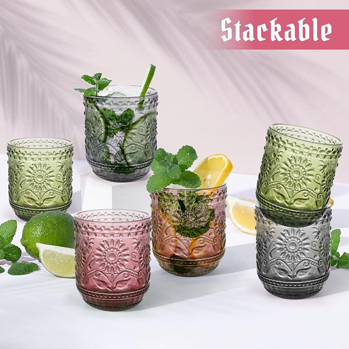 Topsky Vintage Drinking Glass Set of 6,12 oz Embossed Floral Decorative Glassware Set,Glass Cups Wine Glasses Beverages Tumblers Colored Glassware for Whisky,Beer,Juice,Cocktail,Heavy Duty - Image 7